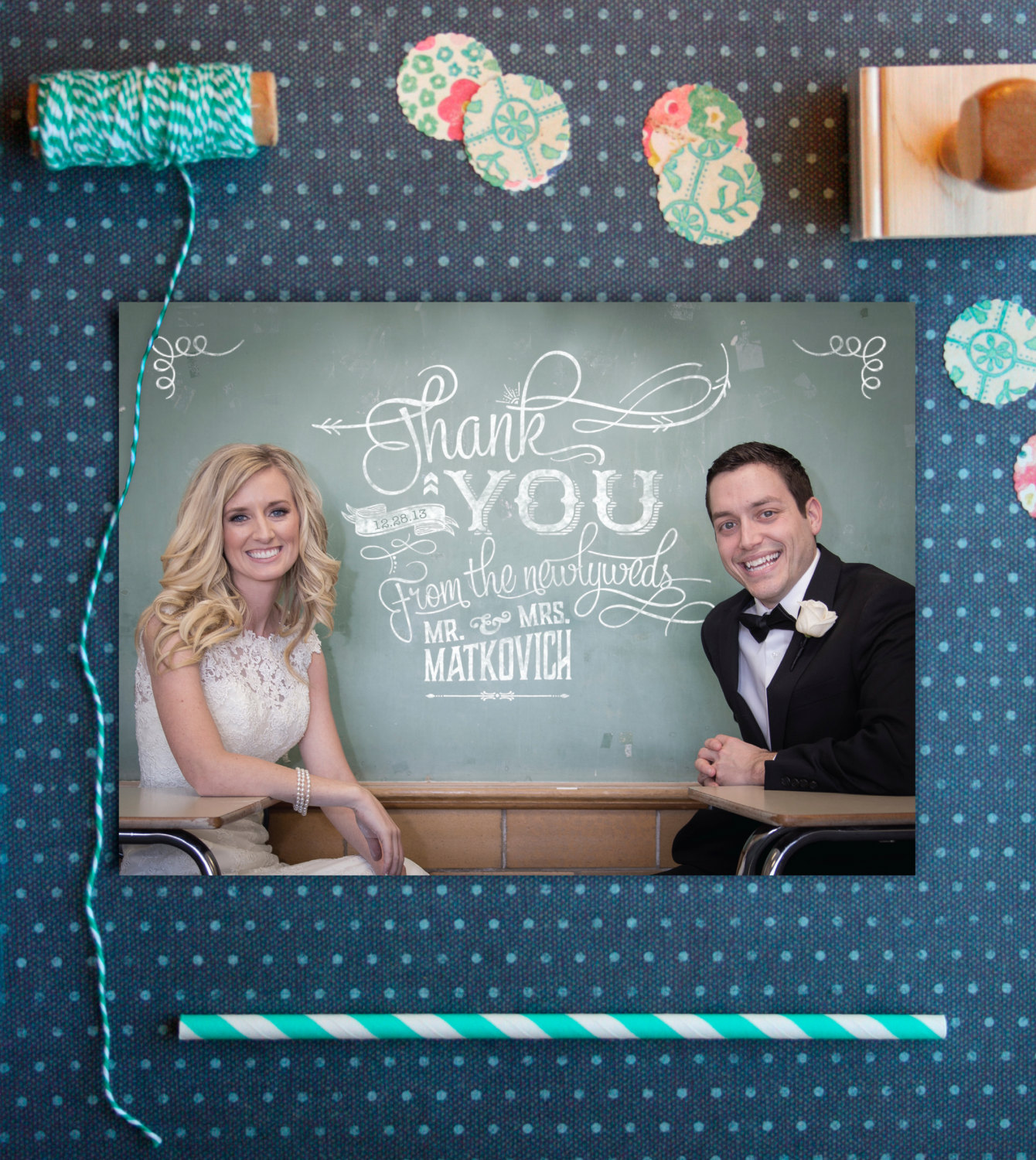 Chalkboard wedding thank you cards custom for any photo. Vintage chalk