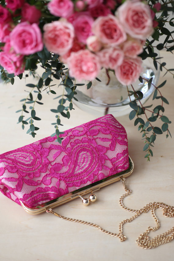 Fuchsia Alencon Lace Clutch Purse by ANGEE W. | http://emmalinebride.com/marketplace/fuchsia-alencon-lace-clutch-purse/