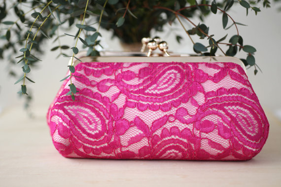 Fuchsia Alencon Lace Clutch Purse by ANGEE W. | http://emmalinebride.com/marketplace/fuchsia-alencon-lace-clutch-purse/