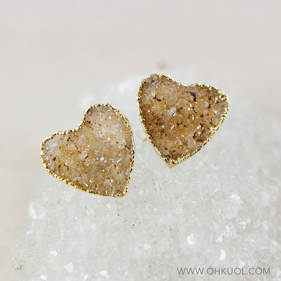 golden orange heart shaped druzy earrings