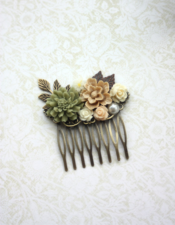 Fall Shabby Wedding Comb. Nature, Brown, Green Rustic, Ivory Rose, Leaf ...