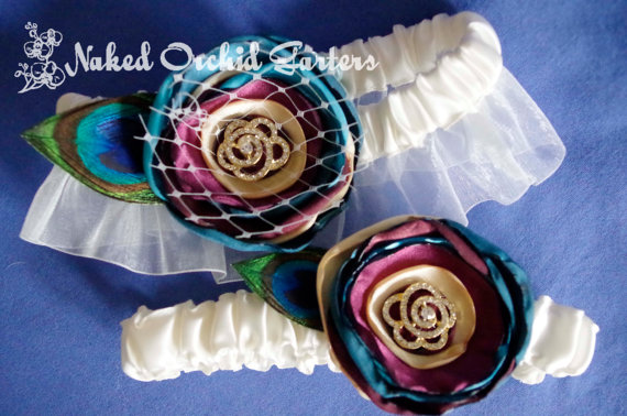 Wedding Garter Set, Lace Peacock Wedding Garters, Teal Wine Burgundy ...