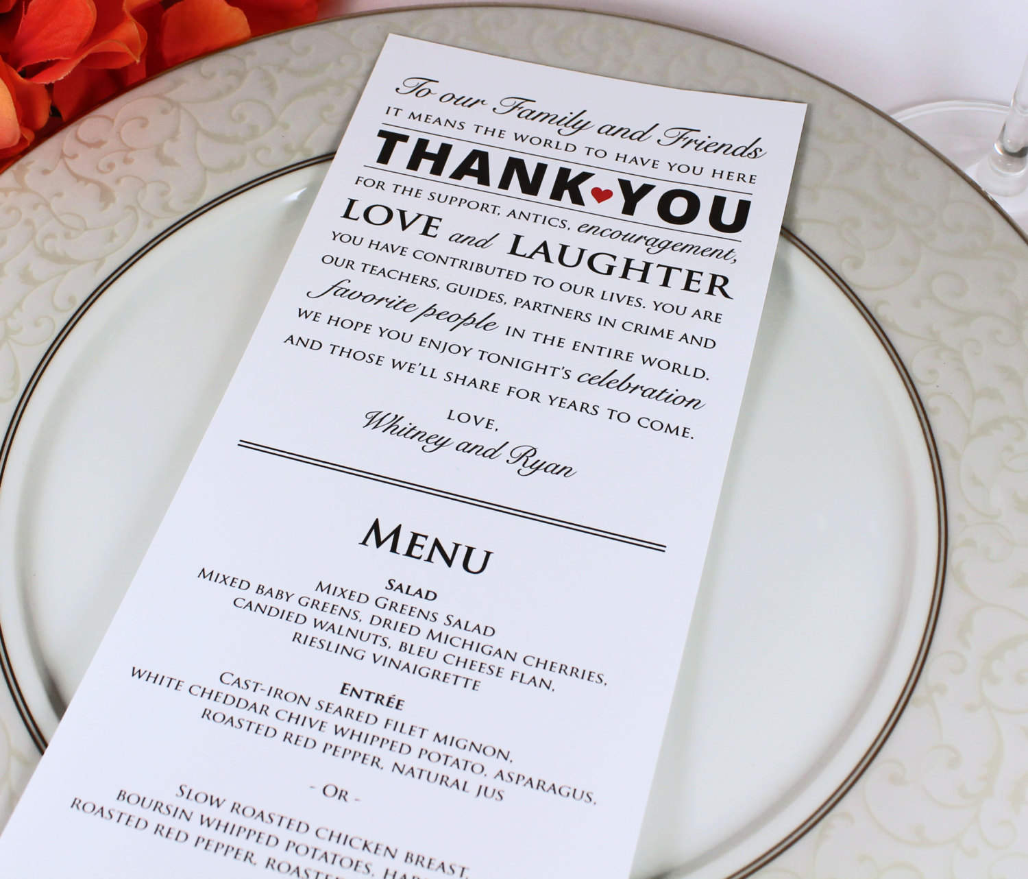 Wedding Reception Menu And Thank You Card Combo Wedding Menu