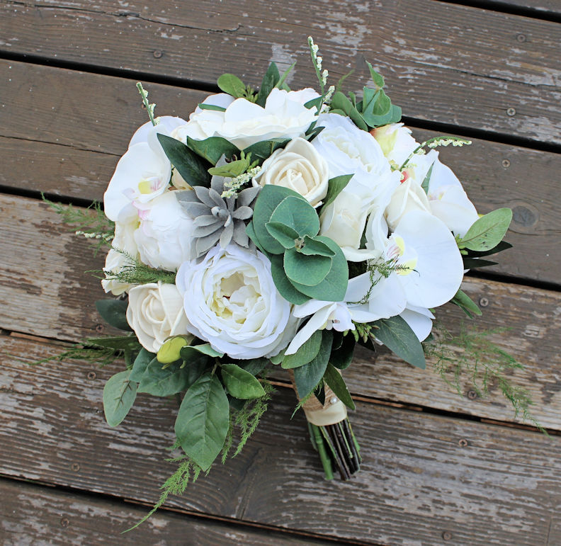 White Bridal Bouquet Faux Succulents Silk Flowers Peonies Cottage Roses Orchids Sola 7917