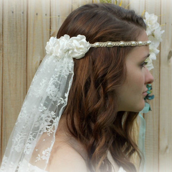 Bohemian Bridal Veil Pearl Headband Roses Ivory Wedding Veil Non Traditional Veil 0464