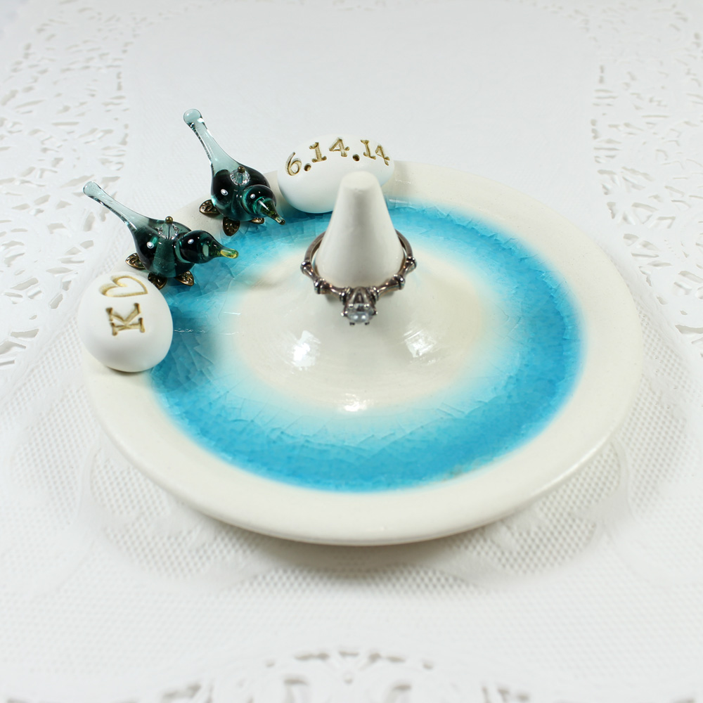 Blue birds wedding ring holder with initials and date