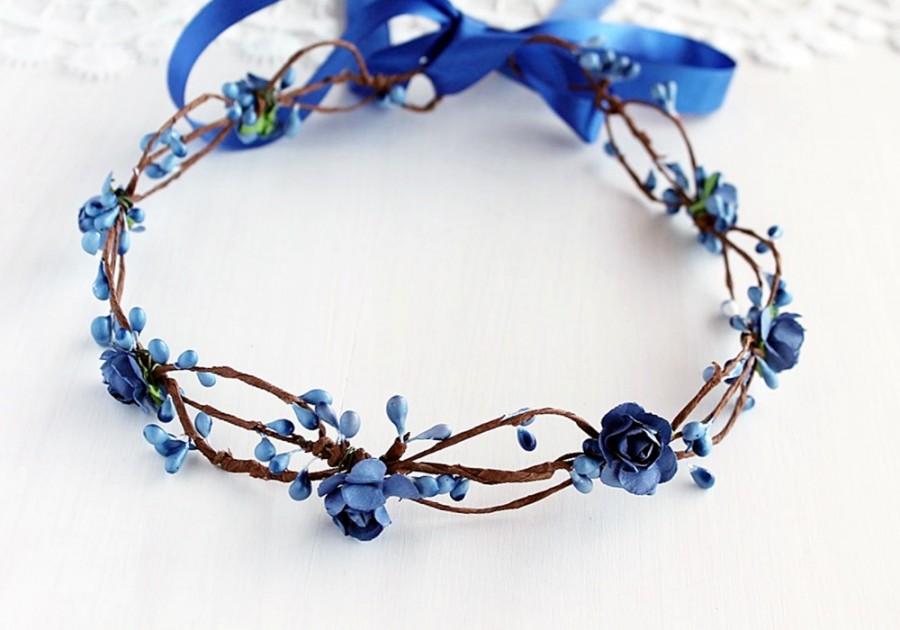 Royal Blue Bridal Crown, Something Blue Halo, Woodland Rose Crown