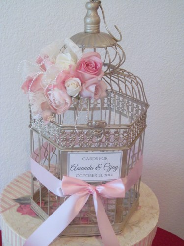 Shabby Chic Birdcage Wedding Card Holder with lace and pearls