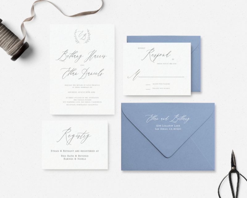 Dusty blue elegant wedding invitation suite, Torn deckled