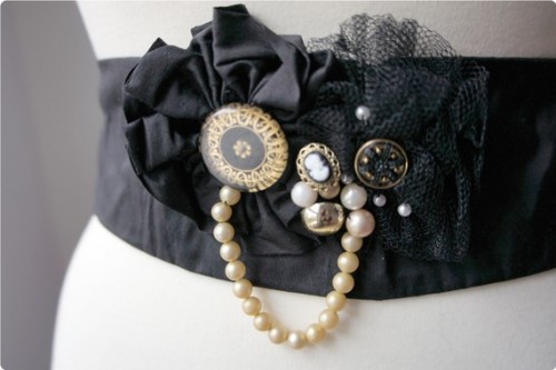 gown sash with pearls and cameo button