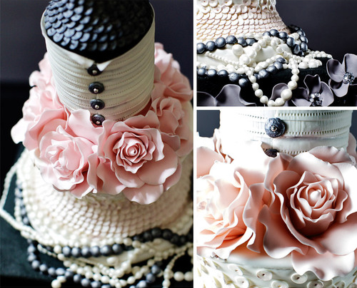 black pink pearls wedding cake