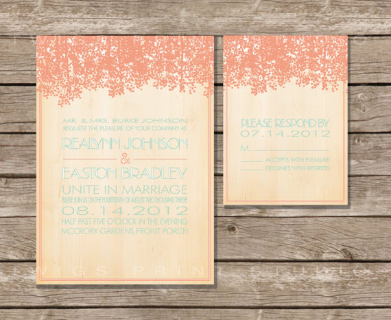 rustic wedding invitation in coral and blue
