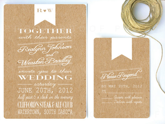 rustic wedding invitation with kraft paper and white banner