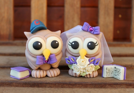 Love bird owl wedding custom cake sold topper, radiant orchid purple and mint owls with banner, cute owls