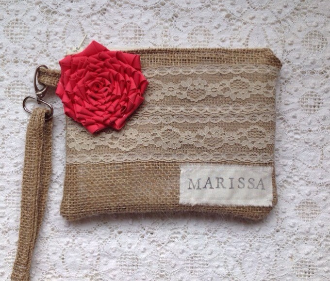 coral personalized wristlet made with burlap