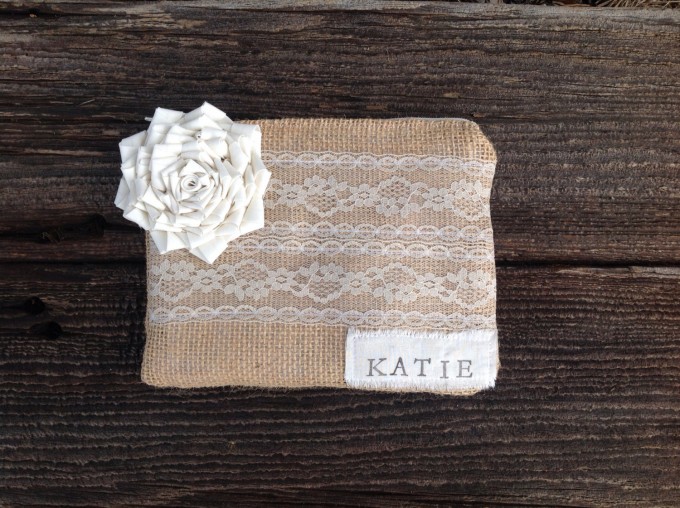 personalized burlap clutch with bridesmaids name in corner