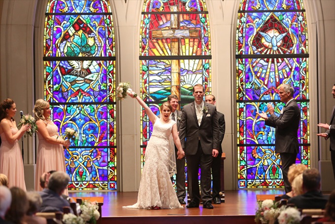 stain glass church wedding | Sarah + JJ's Pretty Wedding at 173 Carlyle House | http://www.emmalinebride.com/real-weddings/pretty-wedding-173-carlyle-house/ | photo: Melissa Prosser Photography - Atlanta Georgia Wedding Photographer
