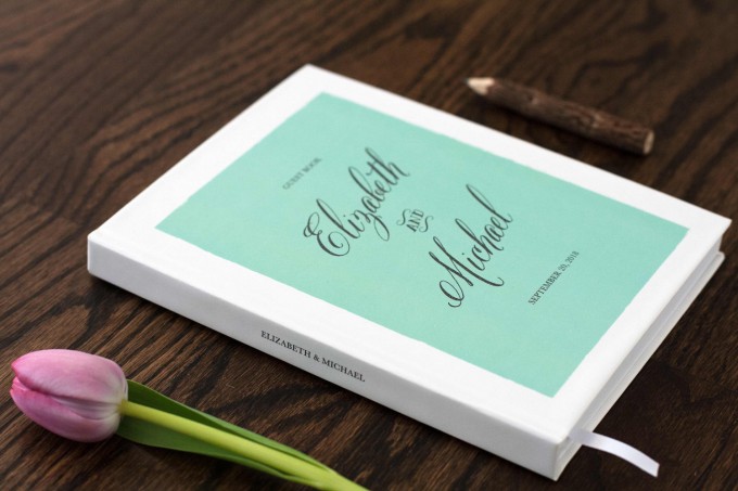 white and mint wedding guest book