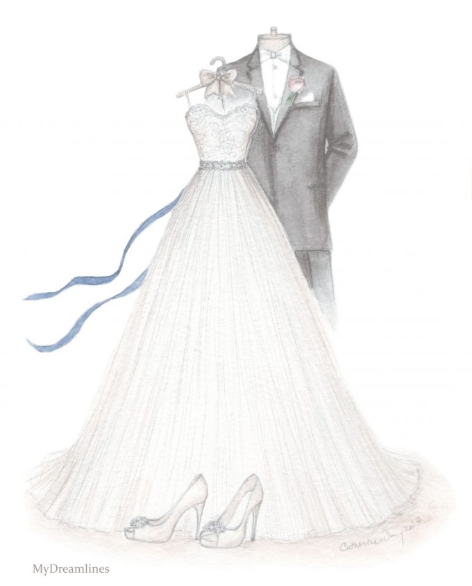 wedding dress and suit sketch | via 15 Best Gifts for the Bride from Groom + Wedding Gifts for Bride from Groom 