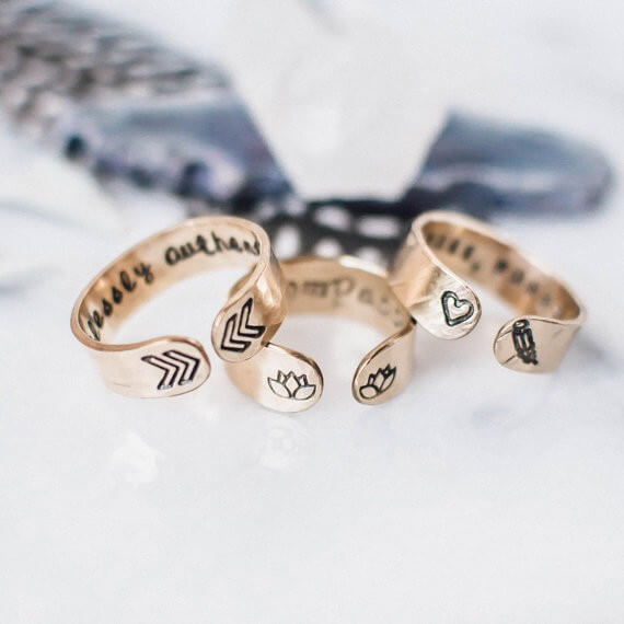 personalized gold rings by ZennedOut | bridesmaid yoga pants, tank tops, gifts & more | https://emmalinebride.com/gifts/bridesmaid-yoga-pants-gifts/