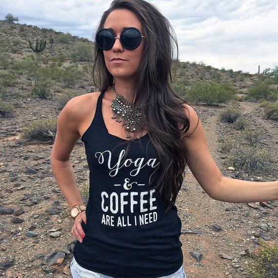 yoga and coffee are all i need tank | bridesmaid yoga pants, tank tops, gifts & more | https://emmalinebride.com/gifts/bridesmaid-yoga-pants-gifts/