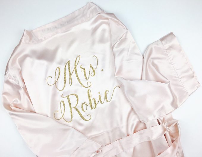 Personalized Bride Robe for Wedding Day / Getting Ready | by Shades of Pink Boutique | https://emmalinebride.com/wedding/personalized-bride-robe/