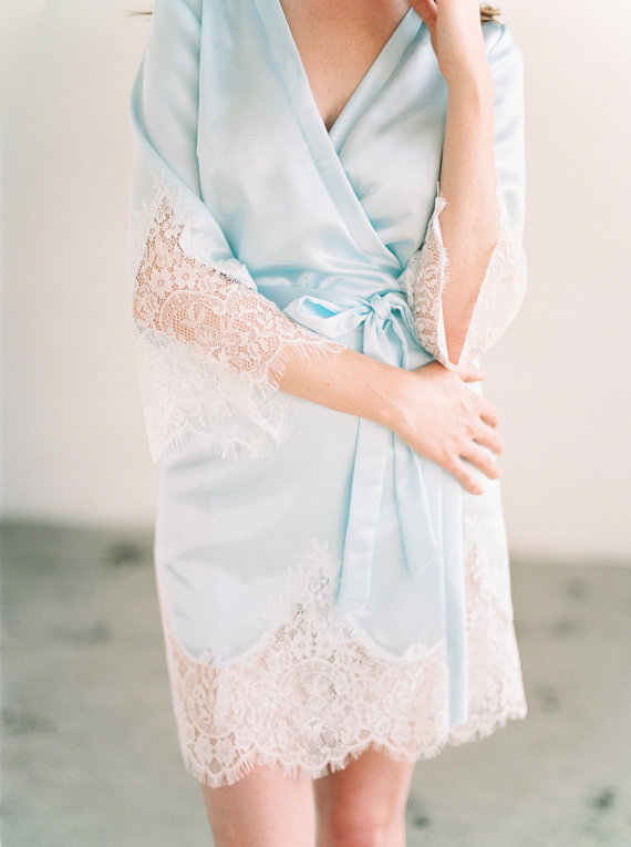 Blue Bridal Robe Getting Ready Before the Wedding