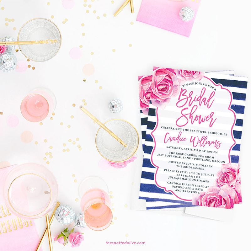 Pink Rose and Navy Stripe Bridal Shower Invitations | via Free Bridal Shower Invitations Giveaway from The Spotted Olive