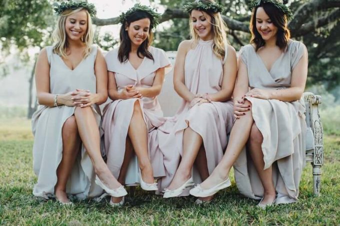 bridesmaid dress with flats ASHLEYlauren 12007 Off-Shoulder Overskirt with Oversized Bow main image 1