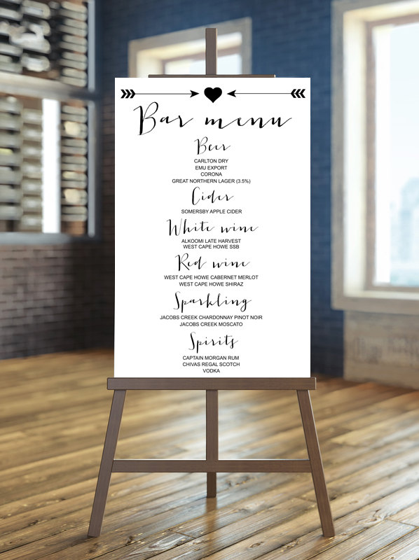 bar menu | via Heart and Arrow Wedding Ideas: https://emmalinebride.com/themes/heart-and-arrow-wedding-ideas