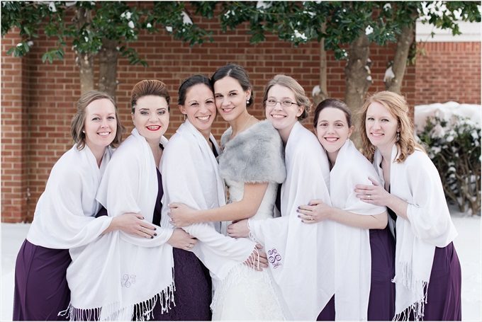 bride and bridesmaids with pashminas in this Sedgefield Country Club wedding| Greensboro, North Carolina wedding photographed by Michelle Robinson Photography - https://emmalinebride.com/real-weddings/sedgefield-country-club-wedding/
