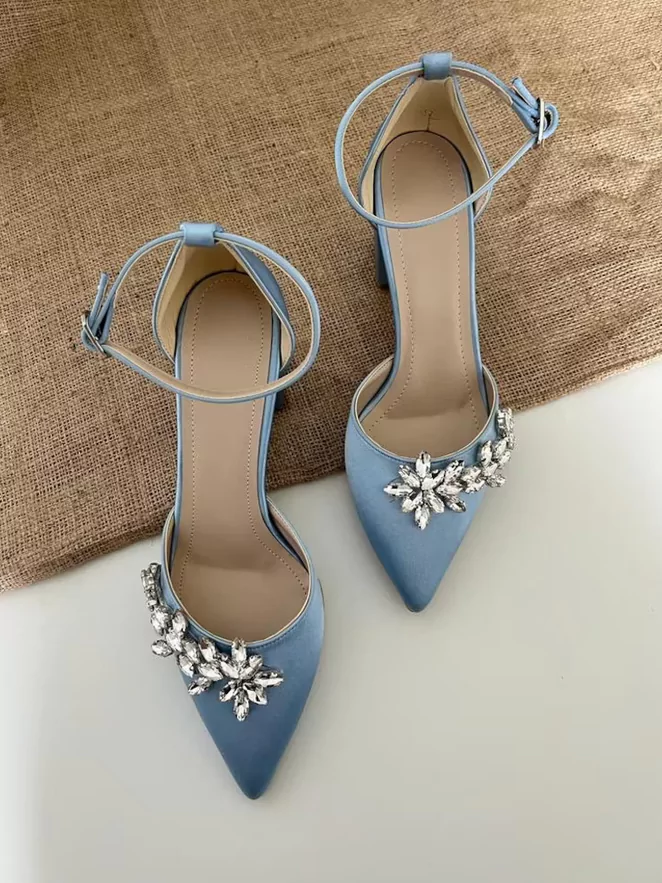 Buy Blue bead embellished block heels by Preet Kaur at Aashni and Co