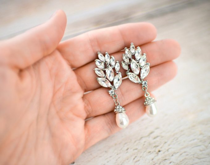 1920s Art Deco Ivory store Pearl Bridal Dangle Earrings, Long Silver Rhinestone Vintage Wedding Statement, Edwardian Gatsby Drops Chandelier