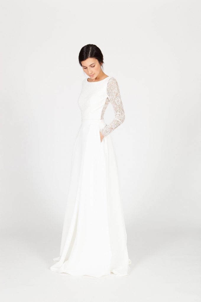 Flowy Modest Lace Wedding Best Wedding Dress Elegant Midi Wedding Dress,  Long Sleeve Chiffon And Lace