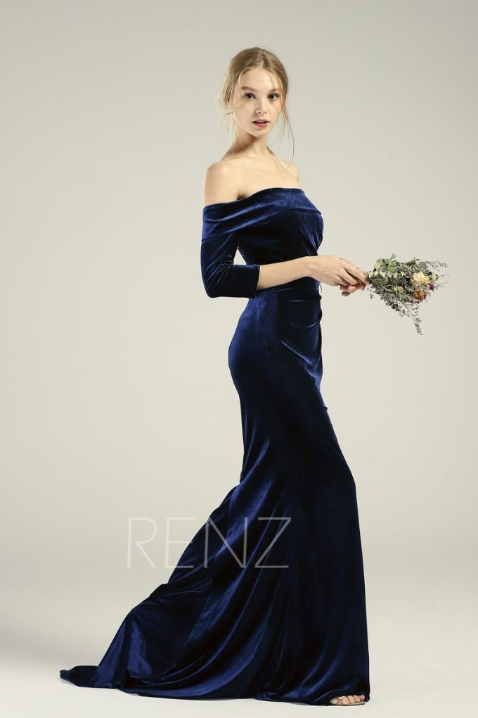 coffee colored bridesmaid dresses Navy Blue Long Floor Length Velvet Bridesmaid Dresses, Blue Evening Dr –  Cutedressy main image 1