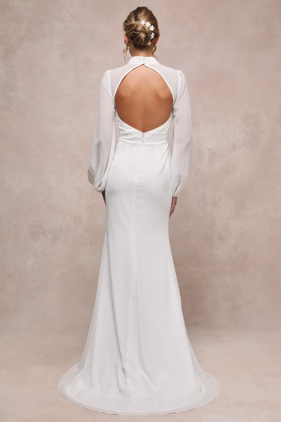 knee length dresses for ladies Long Sleeve High Neck A-Line Open Back Boho Modest Wedding Dress – HAREM's  Brides main image 1