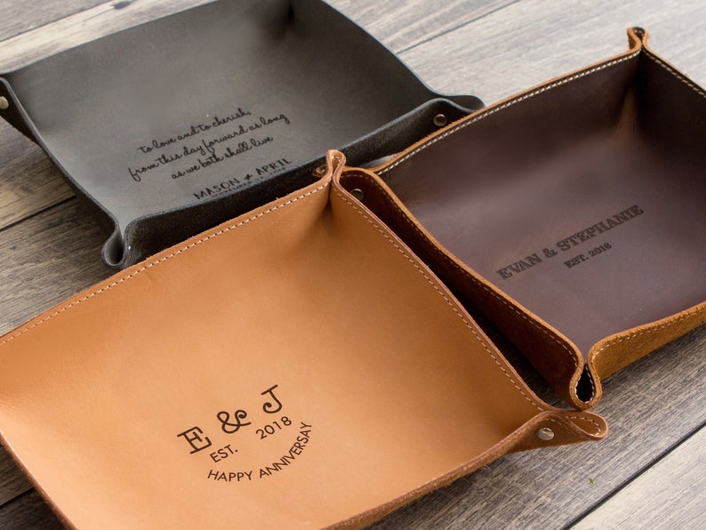 Engraved Leather Valet Tray for 3rd Anniversary Gift Emmaline Home