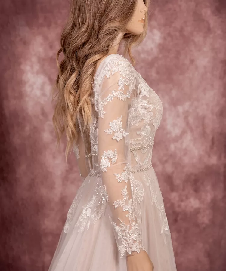 chinese dress ladies Romantic Lace A-line Wedding Dress with Slit and Sleeves – Viniodress main image 0