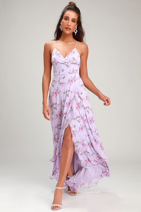 famous bridesmaid dress designers Lavender Floral Print Sleeveless Cotton Maxi Dress