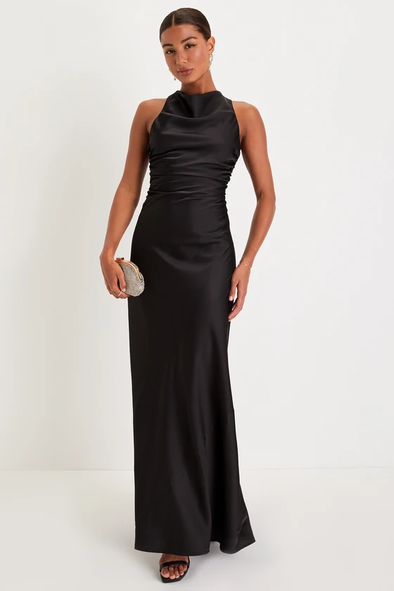 high neck black bridesmaid dress Berylove Women Black Tie Dress With Sash Sheath High Neck Sleeveless Maxi Formal Dress, Black / US18W main image 0