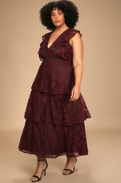 burgundy plus size wedding guest dress Plus Size 3/4 Sleeve Ruffle Deep V-Neck A-Line Midi Wedding Guest Dress main image 1
