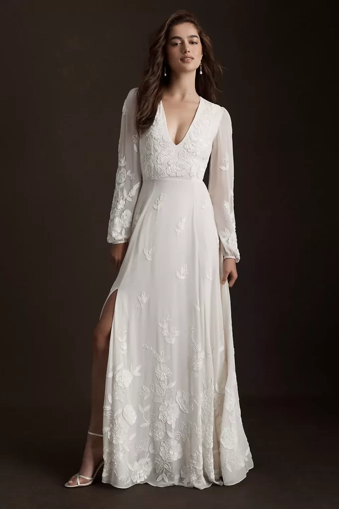 knee length dresses for ladies Off-Shoulder Long Sleeve Lace Wedding Dress with Veil – HAREM's Brides