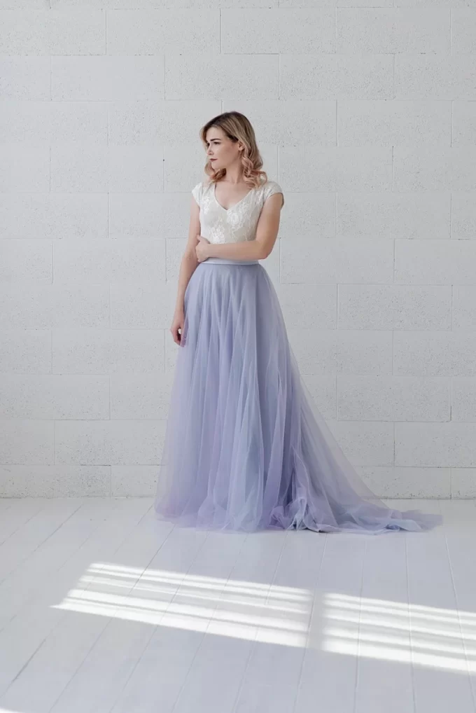 wedding dresses not white Sabrina Two-Piece Satin Slip Wedding Dress with Long Sleeves Organza  Overlay | Bone and Grey Bridal