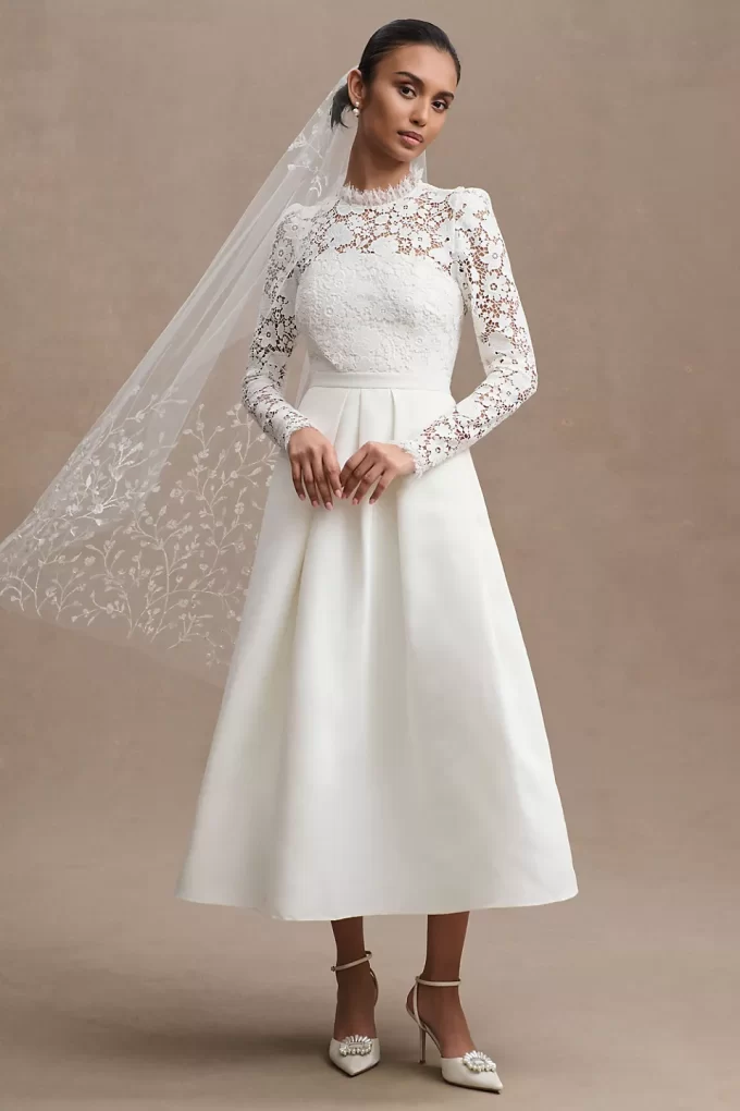 knee length dresses for ladies Tea Length Sleeves Ethereal Modern A-Line V-Neck Button Back Wedding D main image 0