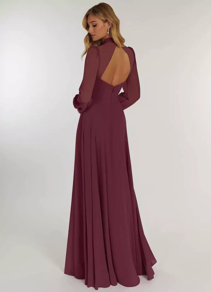 long sleeve wrap bridesmaid dress Emery Long Satin Long Sleeve Collared Dress main image 1