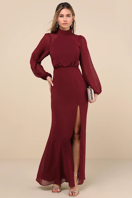 princess polly baby blue dress Burgundy V-neck Long Sleeves Tulle Long Wedding Dress-Bridelily