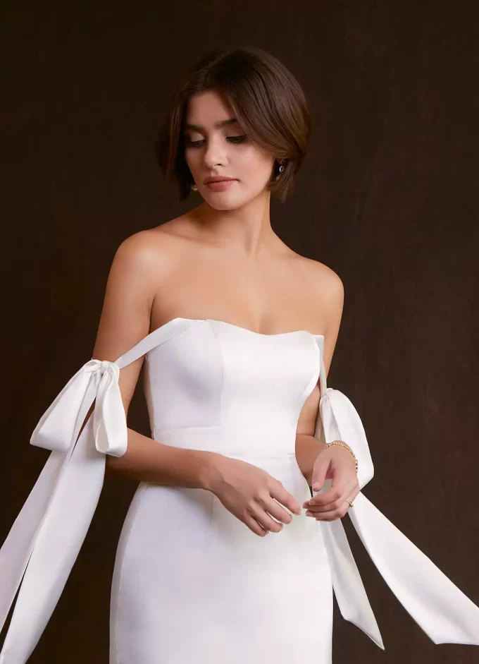 bridal shower dress with bow on back Jane Summers Backless Short White Bridal Shower & Wedding Dress with Blue Bow 4 / Off White with Light Blue Straps and Bow Tie , female , adult main image 1