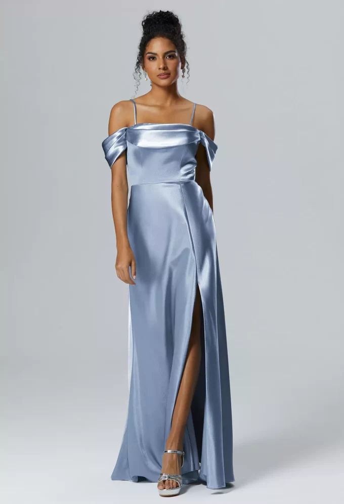 Blue Off the Shoulder Satin Bridesmaid Dress