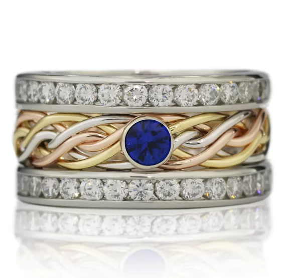 blue sapphire woven wedding ring set