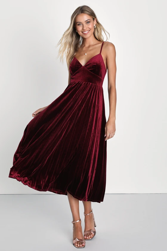 velvet burgundy midi length dress